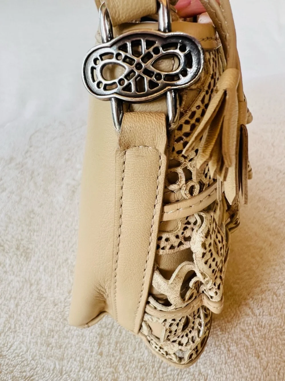 BRIGHTON COLLECTION Laser Cut Lace Tiered Ruffle Leather Shoulder Handbag
